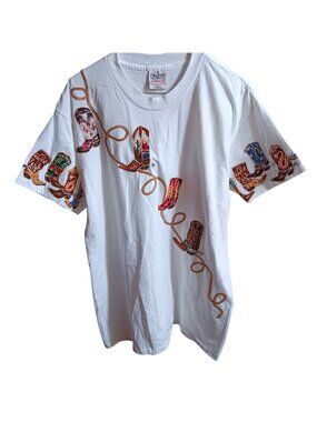 NWT Vintage Handpanted Glitter Cowgirl T-shirt 1990's Oneita White Boot Sequins